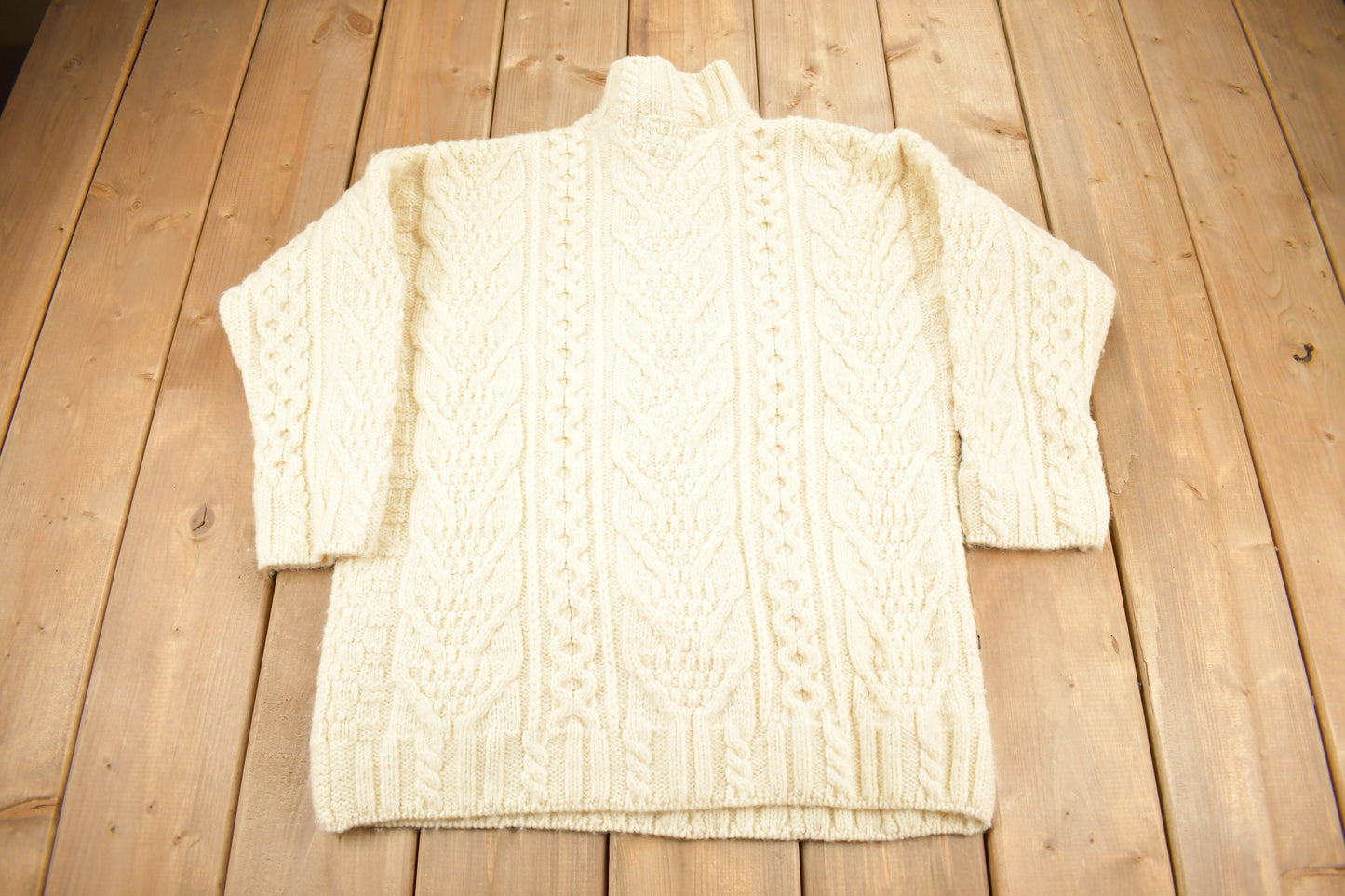 Vintage 1990s Aran Crafts 100% Merino Wool 3D Cable Knit Sweater / Made In Ireland / Vintage Turtleneck  / Abstract Knit Crewneck