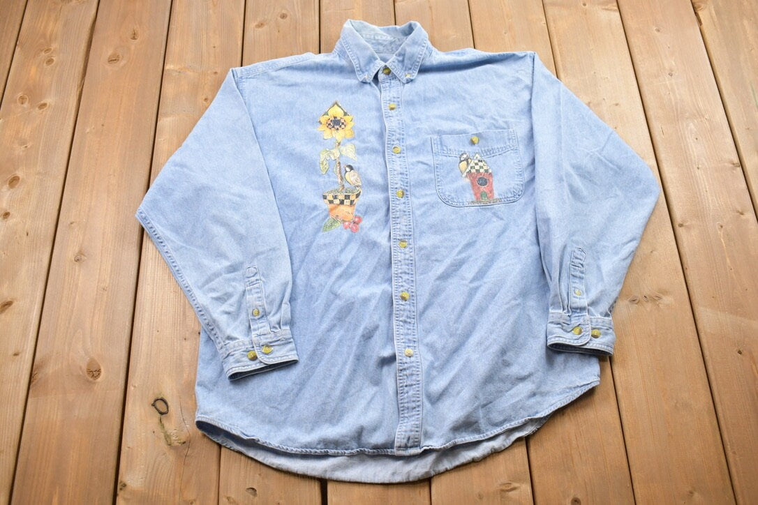 Vintage 1990s Floral Jean Button Up Shirt / 1990s Button Up / Vintage Flannel / Basic Button Up / Floral Theme