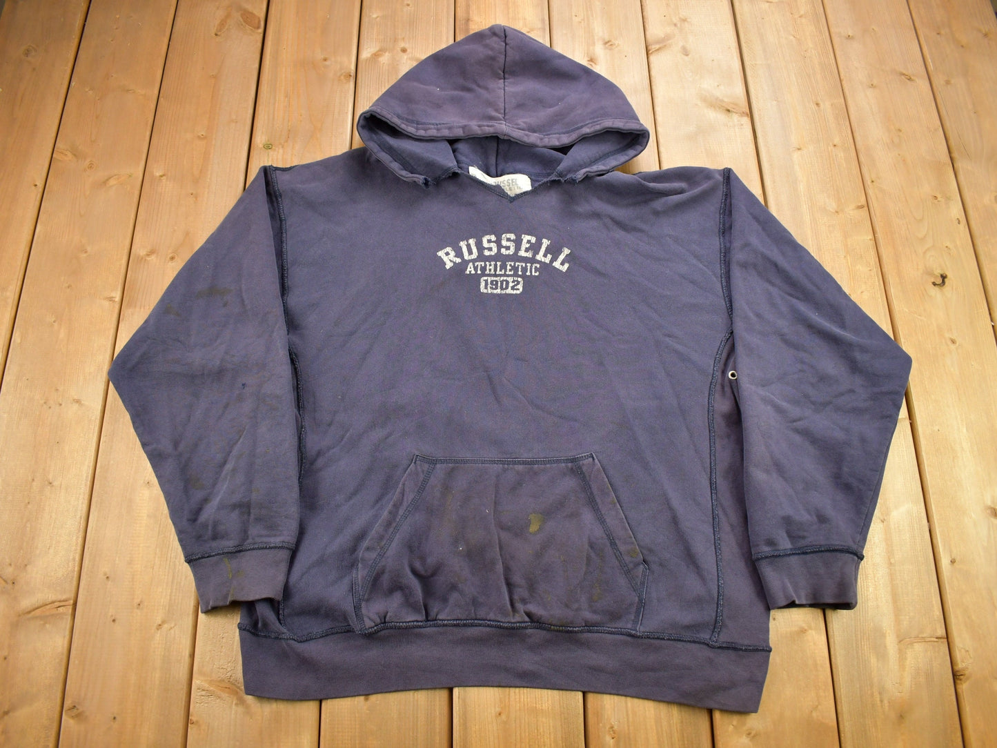 Vintage 1990s Russell Athletics Varsity Style Distressed Hoodie / 90s Hoodie / Vintage Sweater / Heavy Weight