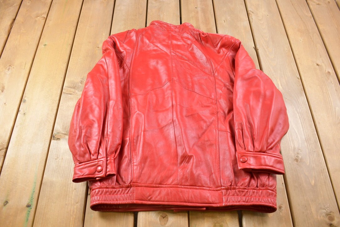 Vintage 1990s Jean Pierre Womens Red Leather Jacket / Fall Outerwear / Leather Coat / Streetwear / Button Closure /Size L