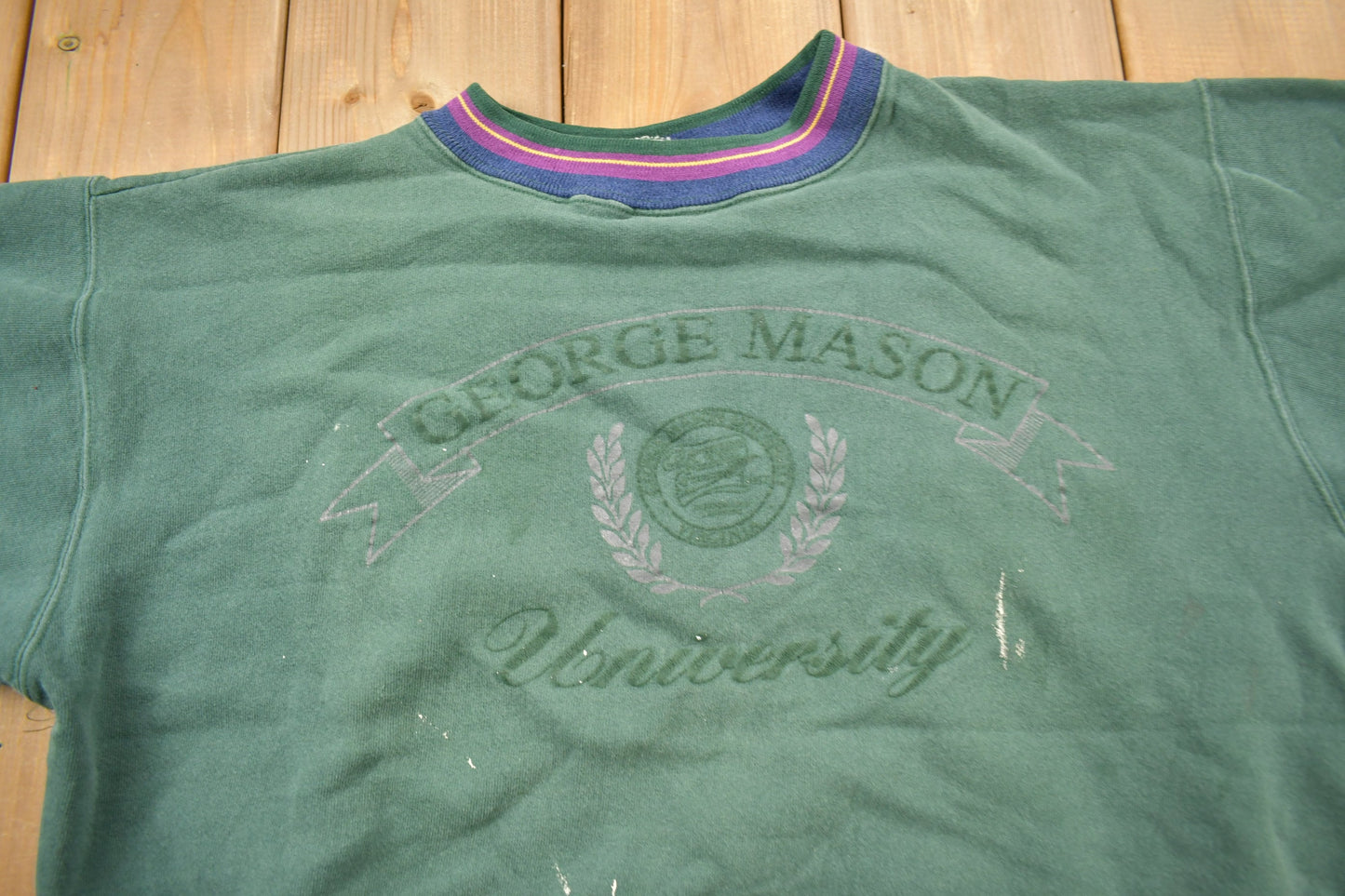 Vintage 1990s George Mason University Collegiate Crewneck / Distressed / NCAA Sweatshirt / Sportswear / Made In USA