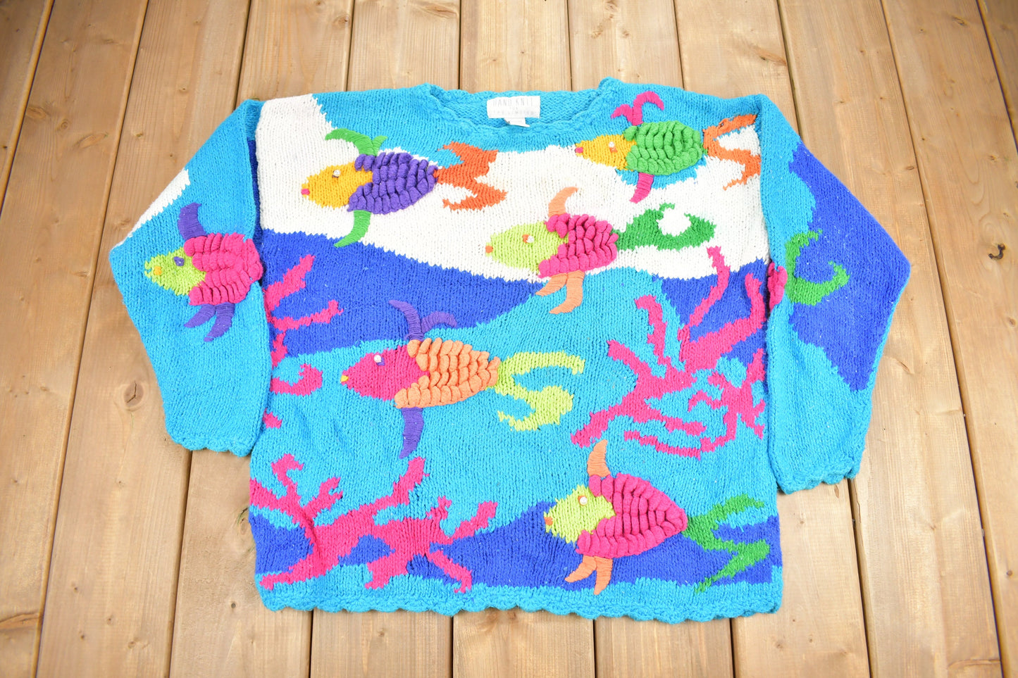 Vintage 1990s Fish Theme Hand Knit Women's Crewneck Sweater