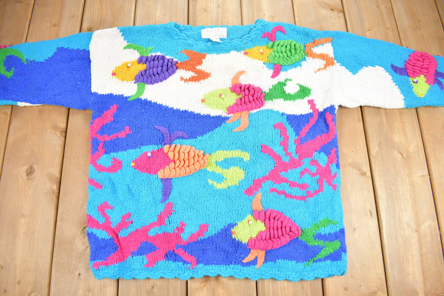 Vintage 1990s Fish Theme Hand Knit Women's Crewneck Sweater