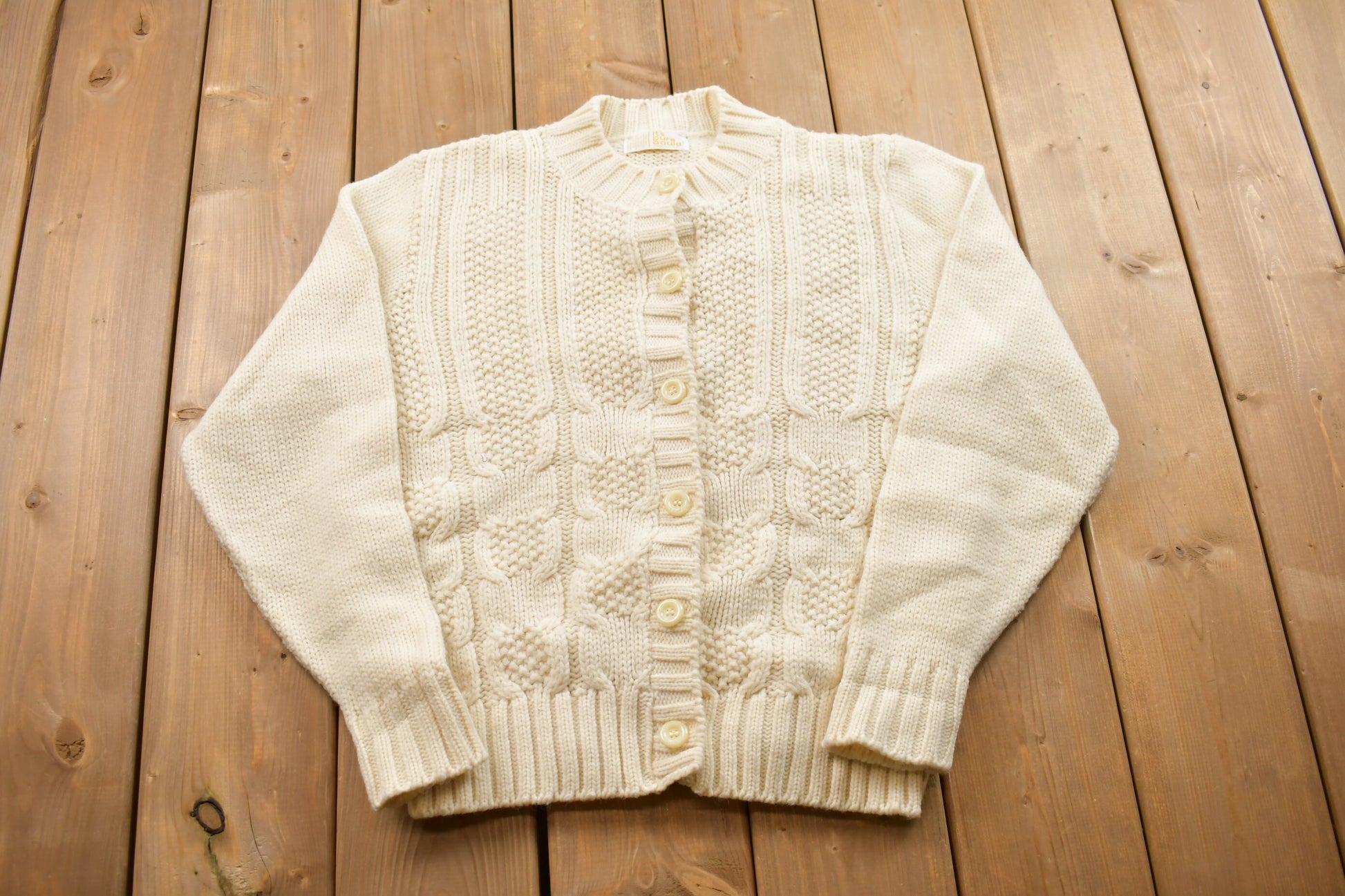 Vintage 1990s 3D Beige Cable Knit Button Up Crewneck Sweater