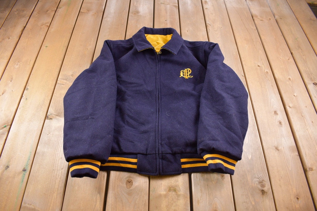 Vintage 1990s Dala Sport Chenille Blue & Yellow Reversible Varsity Jacket