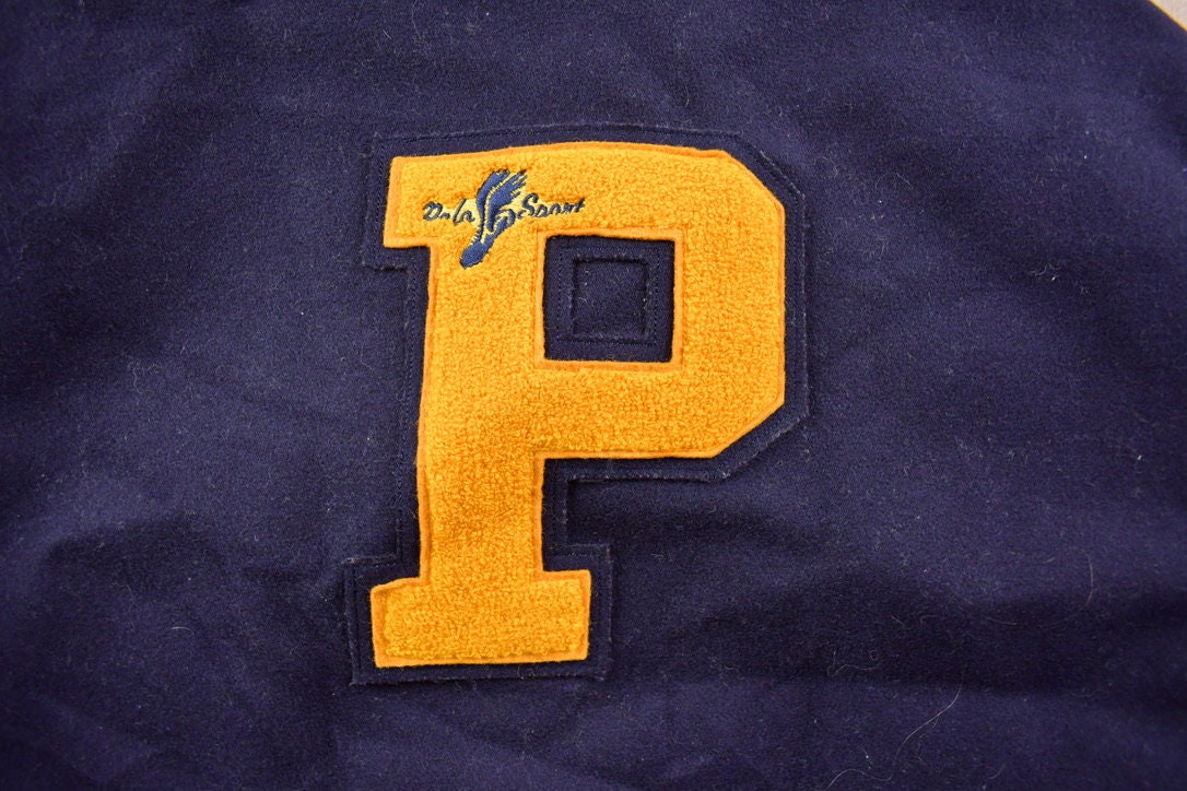 Vintage 1990s Dala Sport Chenille Blue & Yellow Reversible Varsity Jacket