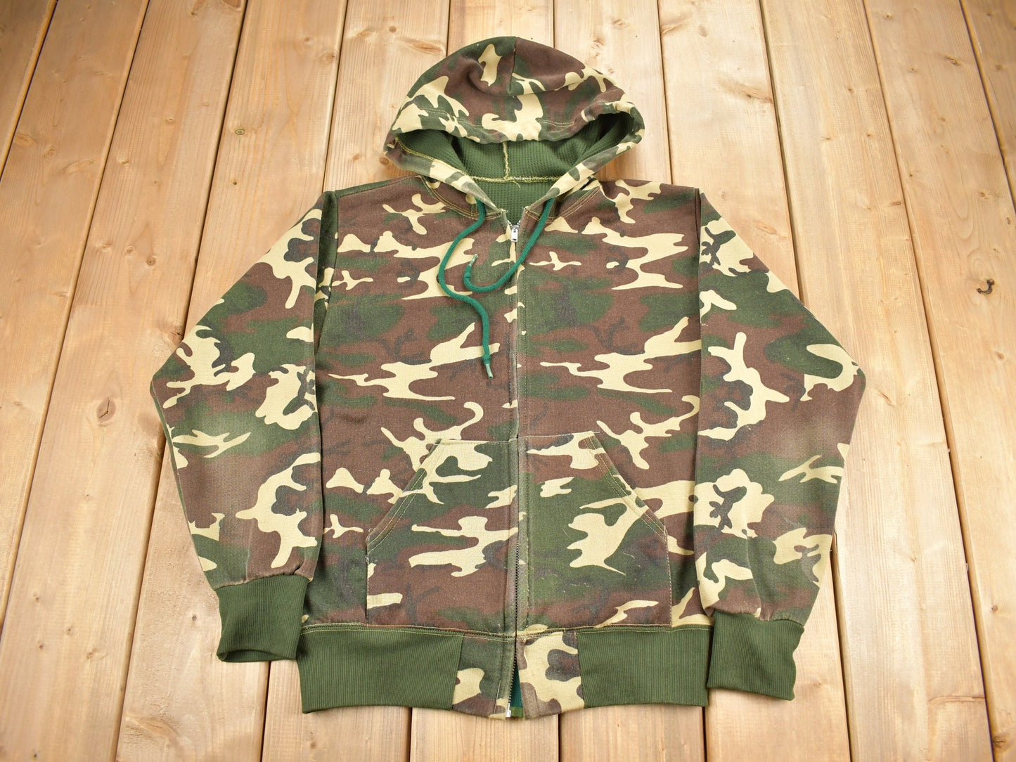 Vintage 1980s Thermal Lined Woodland Camo Zip Up Hoodie