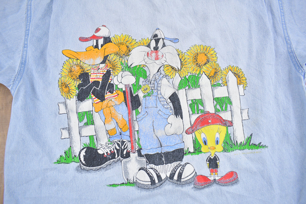 Vintage 1990s Looney Tunes Embroidered Button Up Denim Shirt