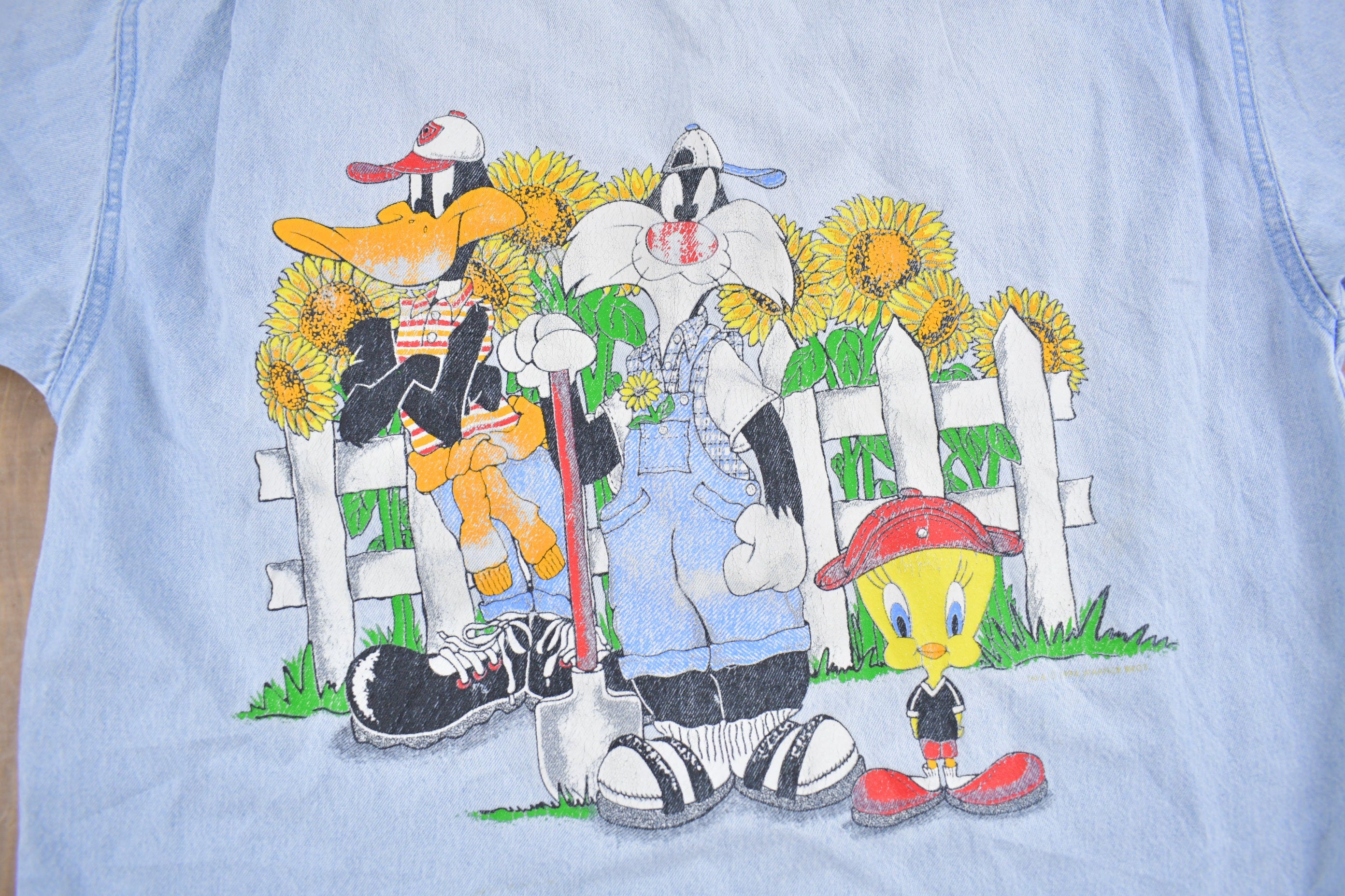 Vintage 1990s Looney Tunes Embroidered Button Up Denim Shirt