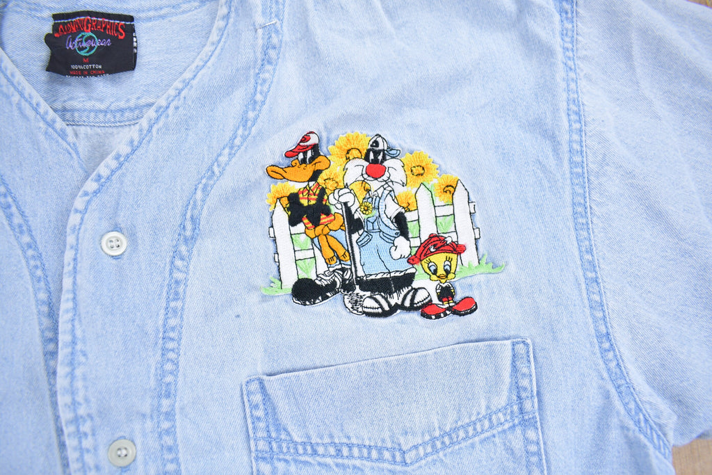 Vintage 1990s Looney Tunes Embroidered Button Up Denim Shirt