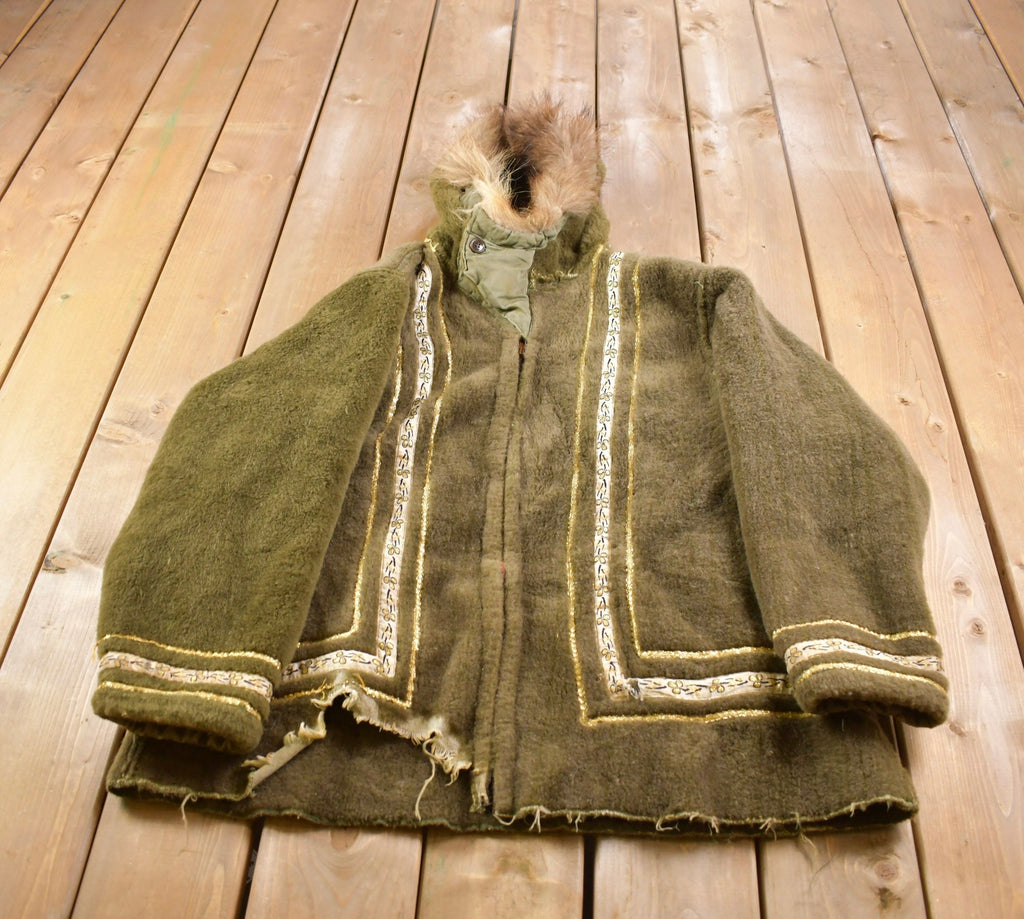 Vintage 1950s  Embroidered Fleece Jacket With Fur Hood