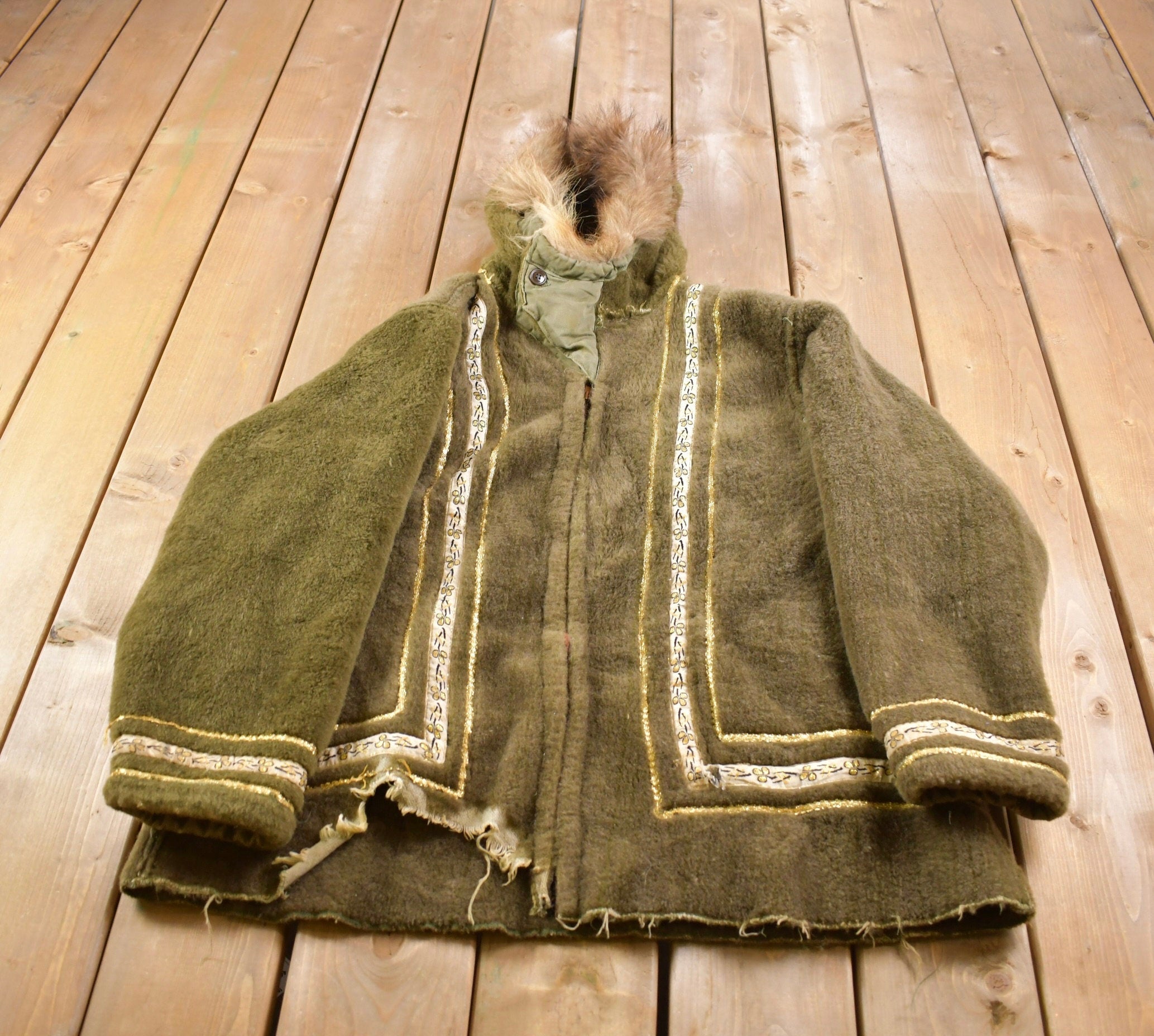 Vintage 1950s  Embroidered Fleece Jacket With Fur Hood