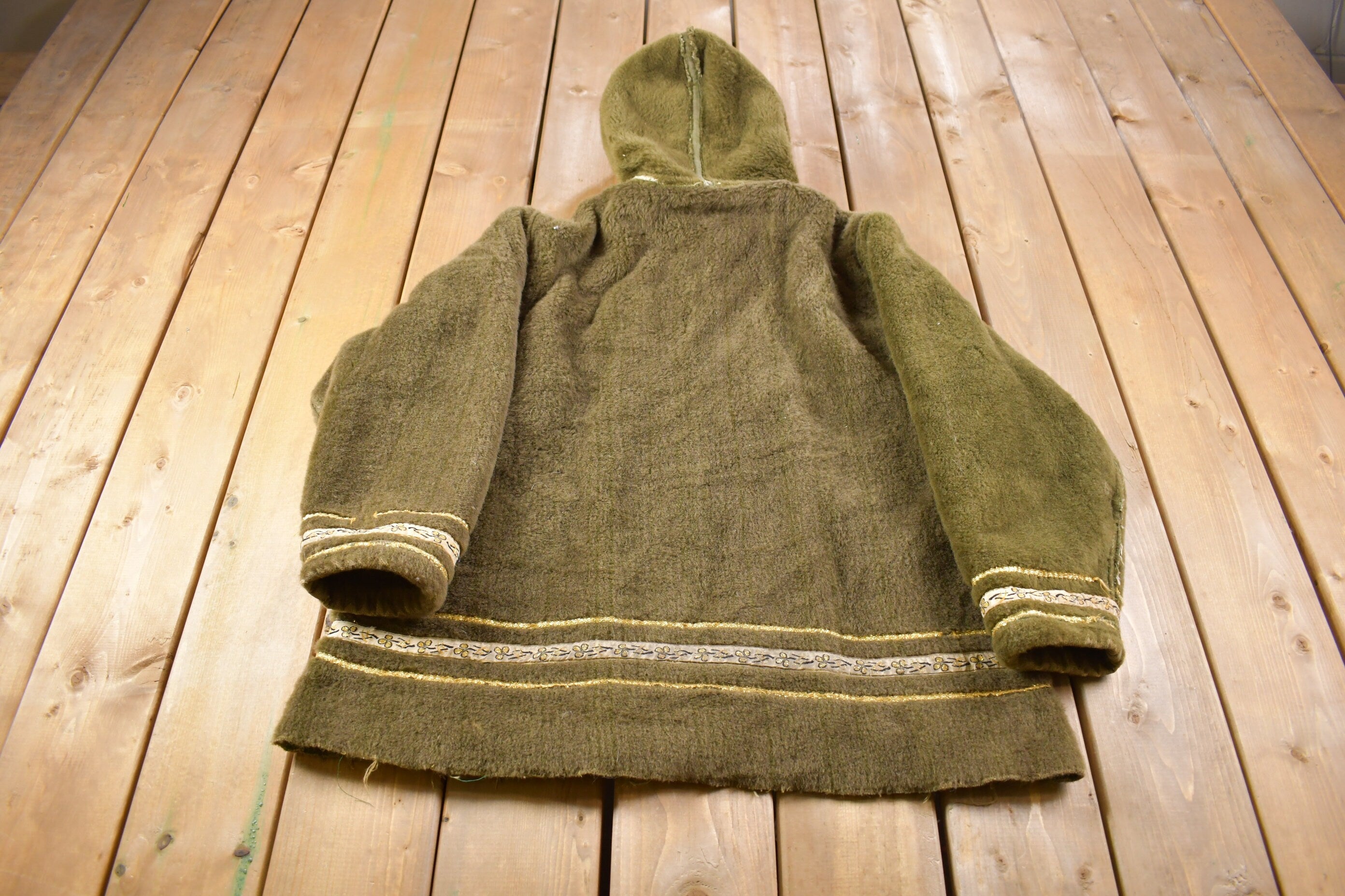 Vintage 1950s  Embroidered Fleece Jacket With Fur Hood