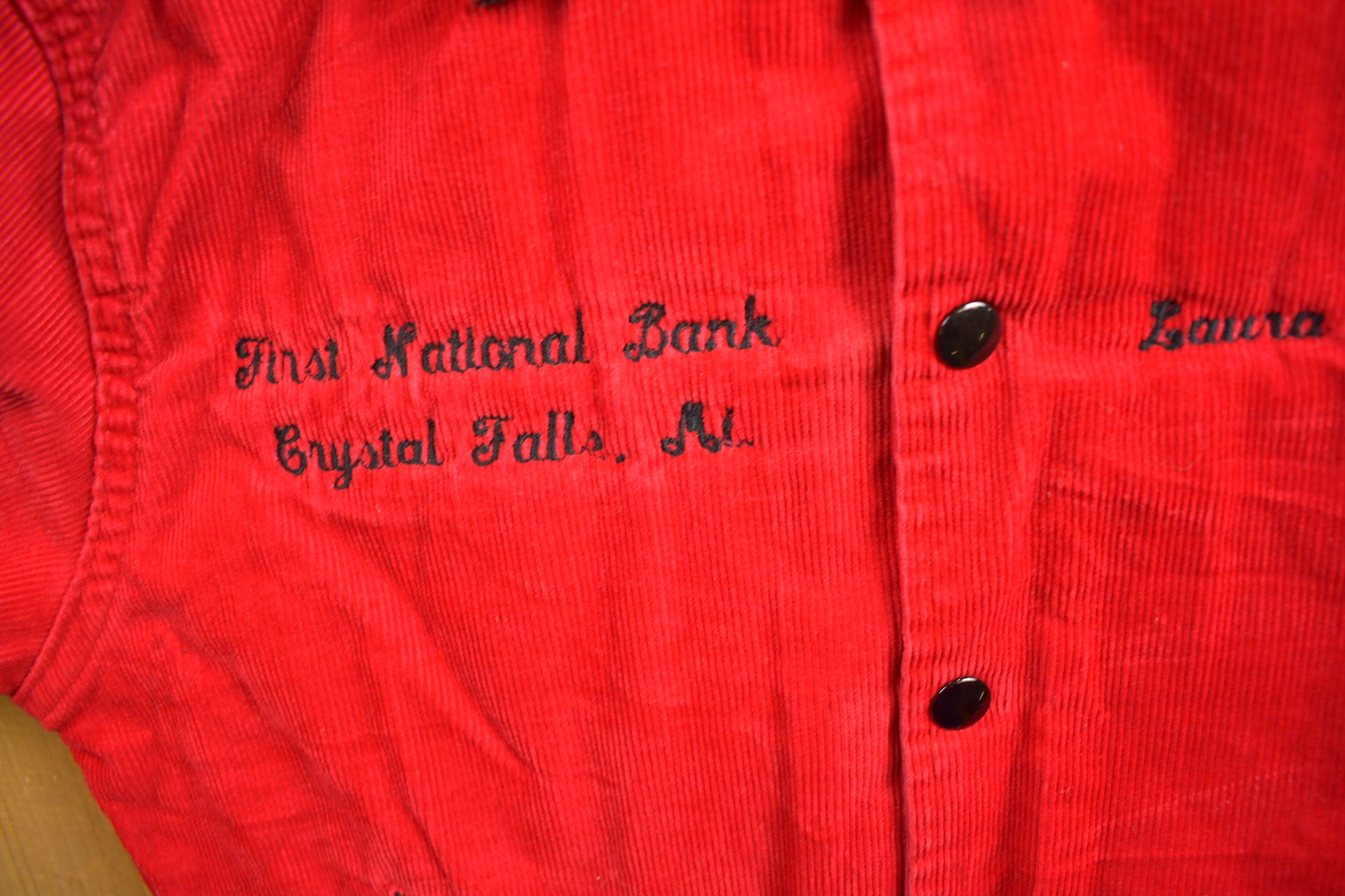 Vintage 1970s First National Bank Crystal Falls Michigan Corduroy Embroidered Jacket