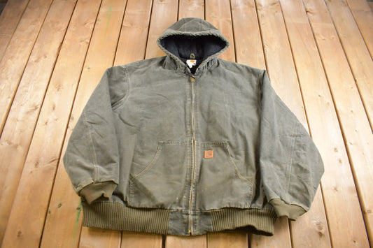 Vintage 1990s Carhartt Green Hooded Cinched Active Jac Work Jacket / Workwear / Distressed / 3XL