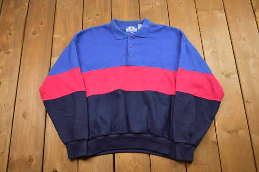 Vintage 1990s Striped Quarter Button Sweatshirt / 90s Crewneck / Made In USA / Rugby / Polo / Essential / Streetwear / 90s