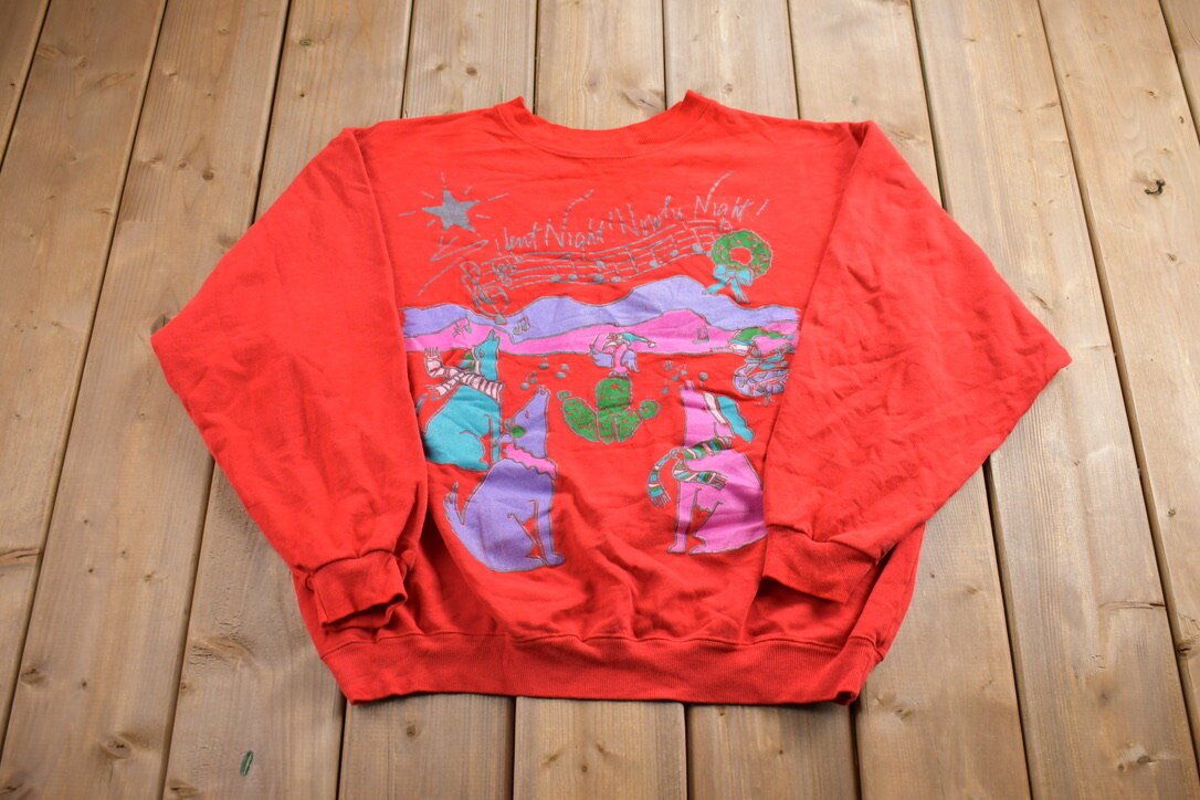 Vintage 1980s Christmas Dogs Singing Sweater / 90s Holiday Crewneck / Winter Wear / Festive Graphic Print