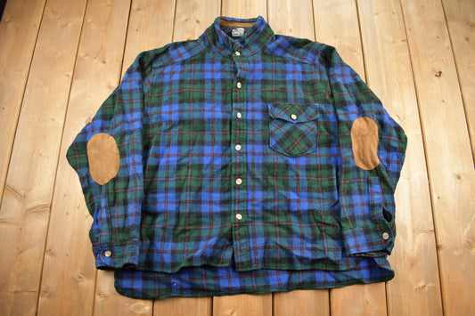 Vintage 1990s Woolrich Button Up Plaid Flannel Shirt / 1990s Button Up / Vintage Flannel / Made In USA / Vintage Woolrich / Leather Accents