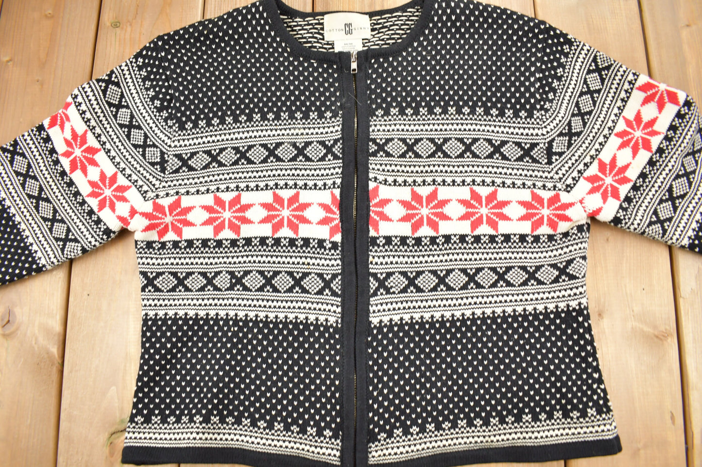 Vintage 1990s Cotton Ginny Knit Zip Up Sweater / Vintage 90s Sweater / All Over Pattern / Winter Sweatshirt / Abstract Pattern