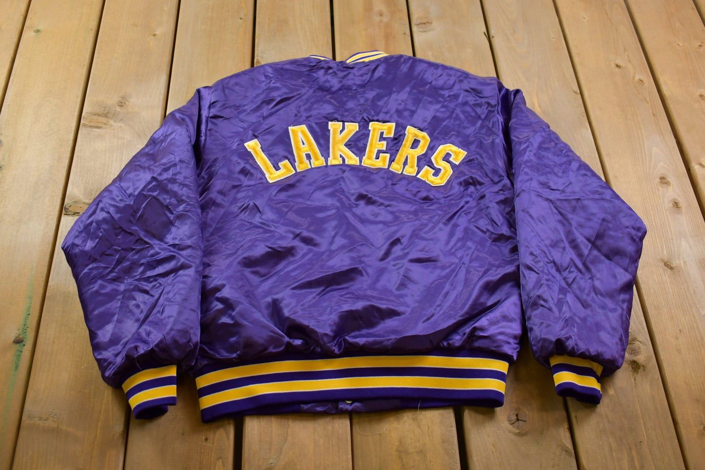 Vintage 1990s Lakers NBA Swingster Satin Bomber Jacket / Embroidered / Made In USA / Patchwork / Swingster Jacket / Snap Button