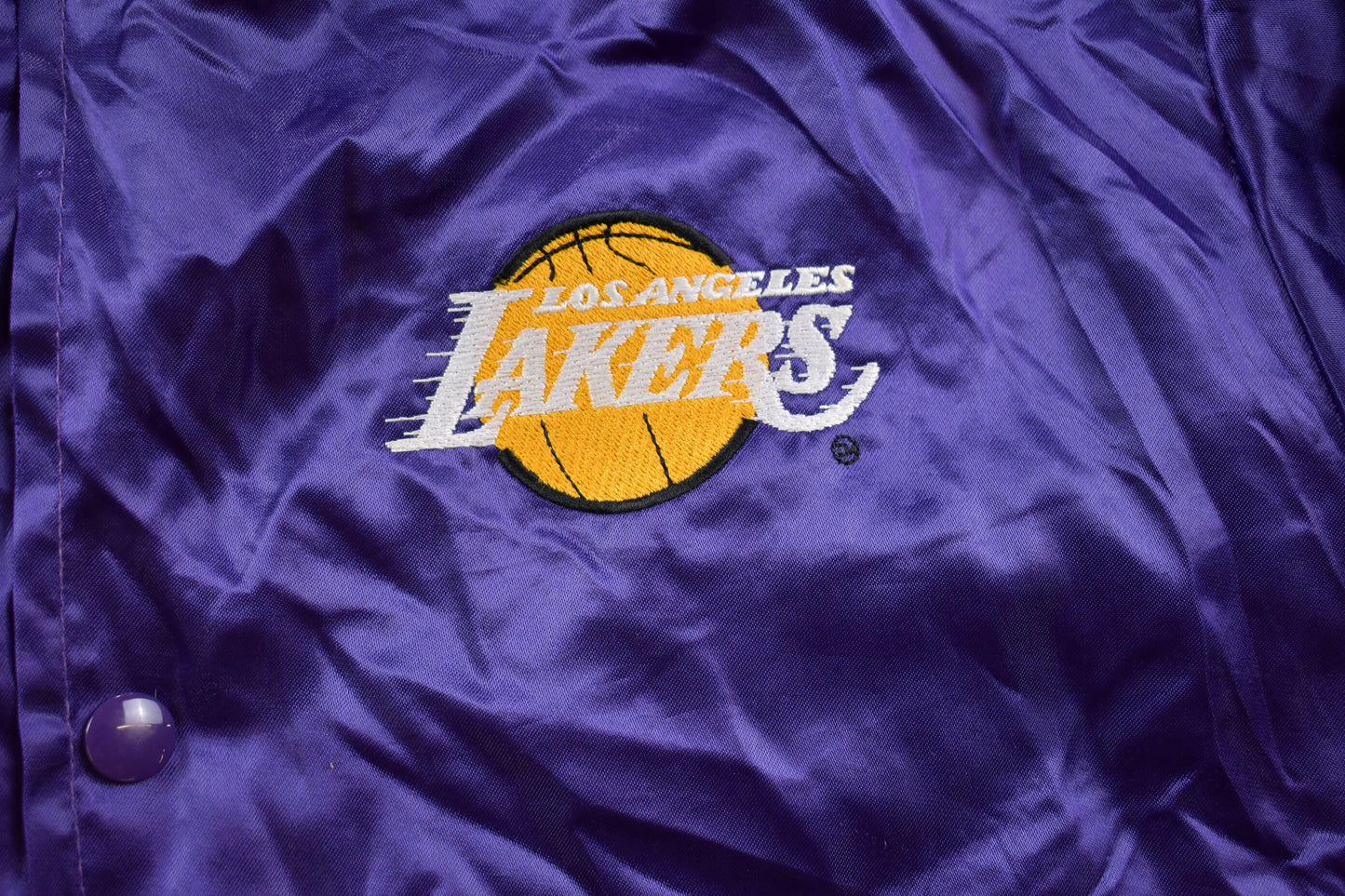 Vintage 1990s Lakers NBA Swingster Satin Bomber Jacket / Embroidered / Made In USA / Patchwork / Swingster Jacket / Snap Button