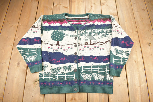 Vintage 1995 Farmhouse Theme Embroidered Knit Cardigan Sweater / Fall Sweater / Patchwork / Hand Knit