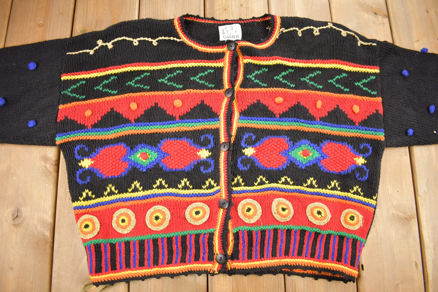 Vintage 1990s Gantos Button Up Knit Sweater / Vintage Cardigan / Pattern Sweater / Abstract Sweater