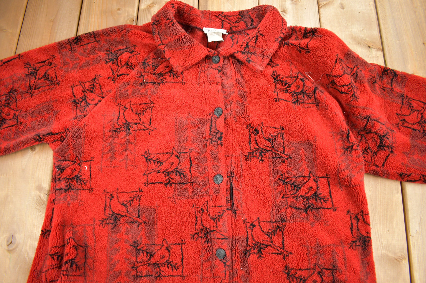 Vintage 1990s Red Cardinal Theme Fleece Sweater / Outdoorsman / 90s Sweater / Streetwear / Hiking / Fleece Button Up