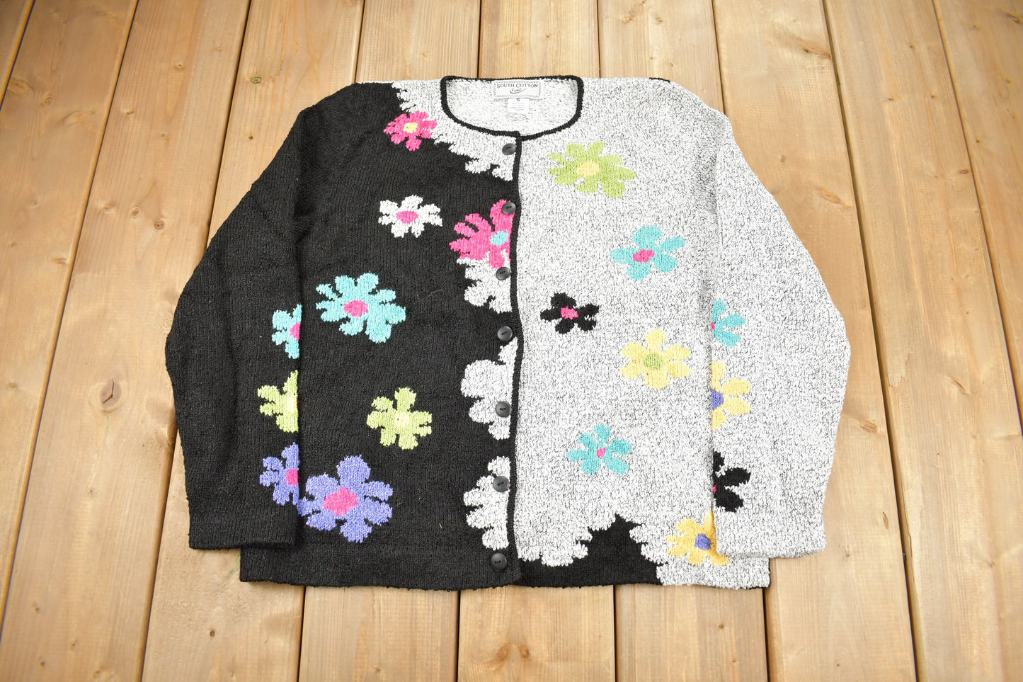 Vintage 1990s South Cotton All Over Floral Pattern Knitt Cardigan Sweater / Vintage Cardigan / Button Up / Abstract Pattern