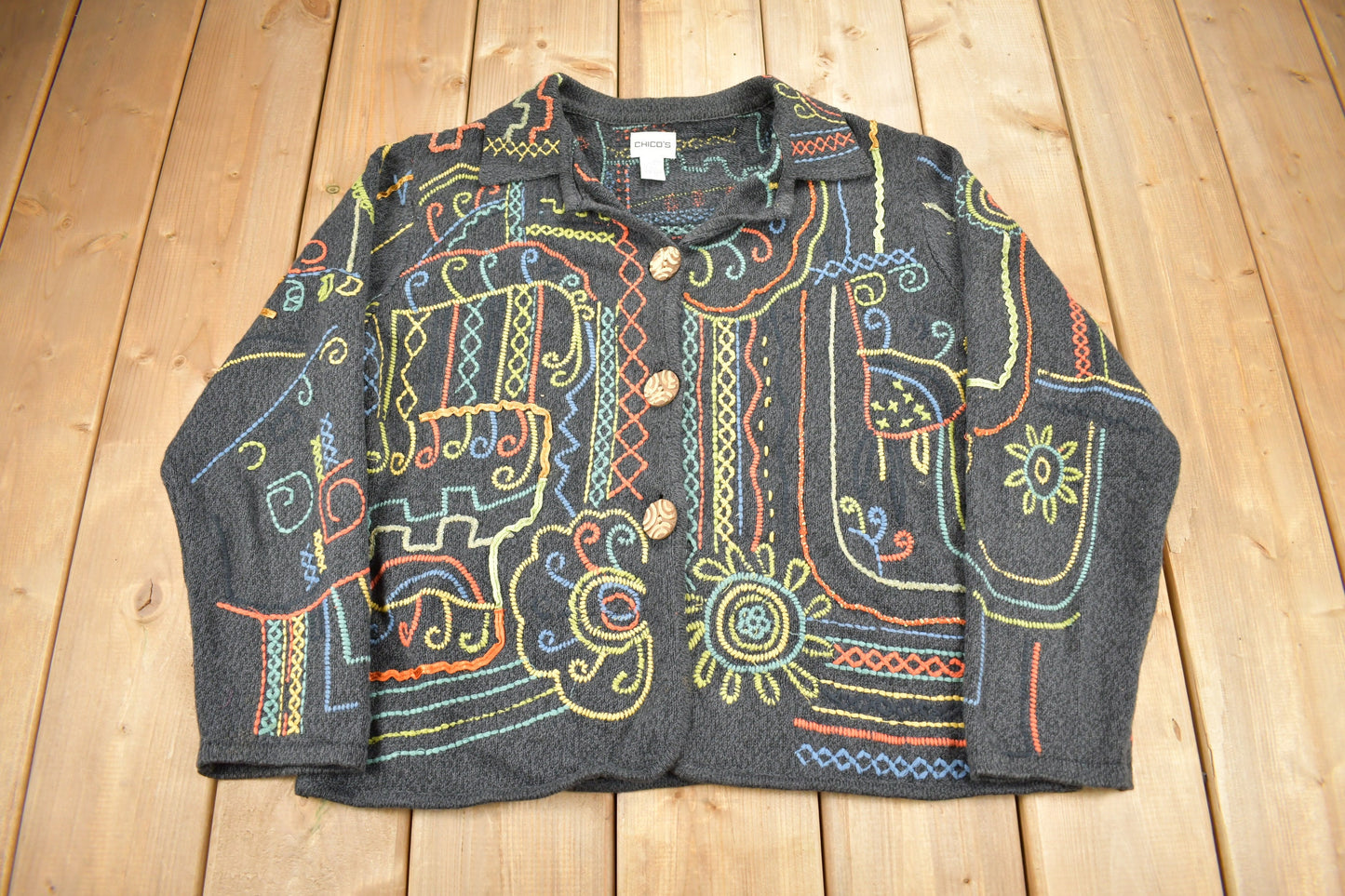 Vintage 1990s Chico's Embroidery Cardigan Sweater / Vintage Cardigan / Button Up / Patchwork / Embroidered / Abstract Design