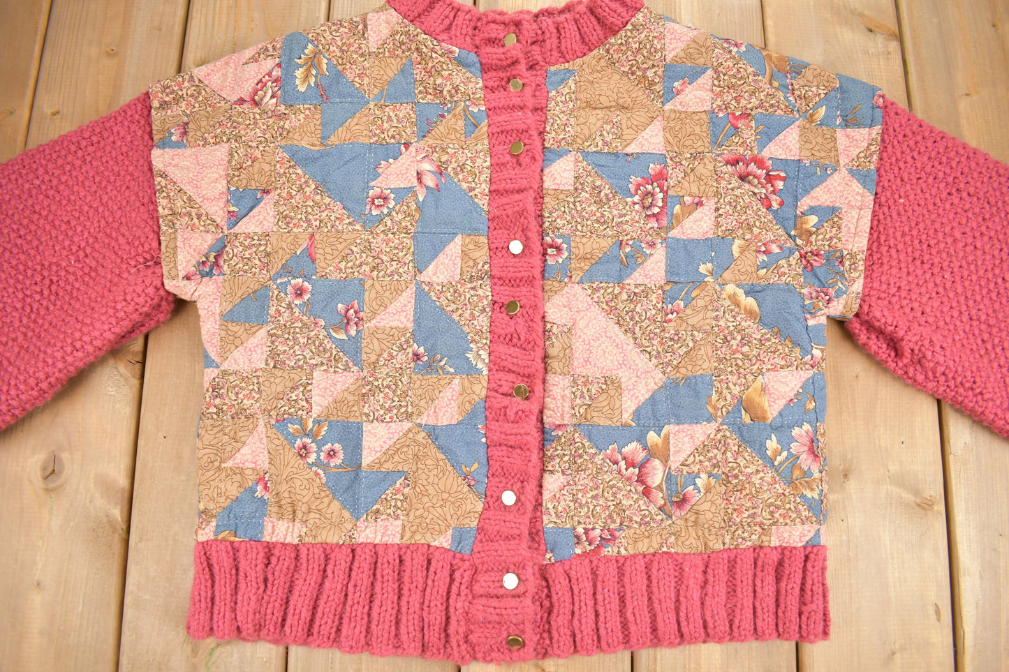 Vintage 1980s Quilted Floral Pattern Knit Cardigan Sweater