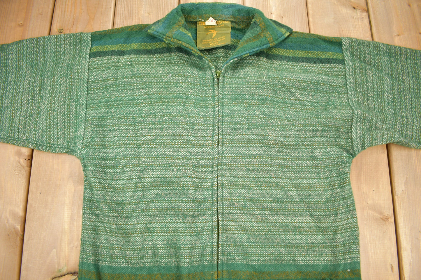 Vintage 1960s 100% Wool Green Knit Zip Up Sweater