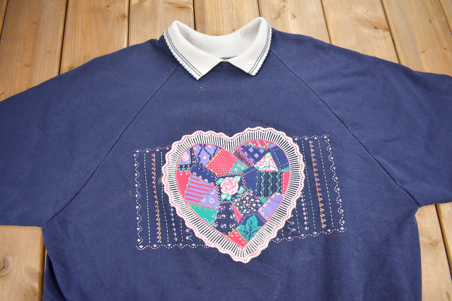 Vintage 1980s Heart Graphic Cute Collared Raglan Cut Crewneck Sweater