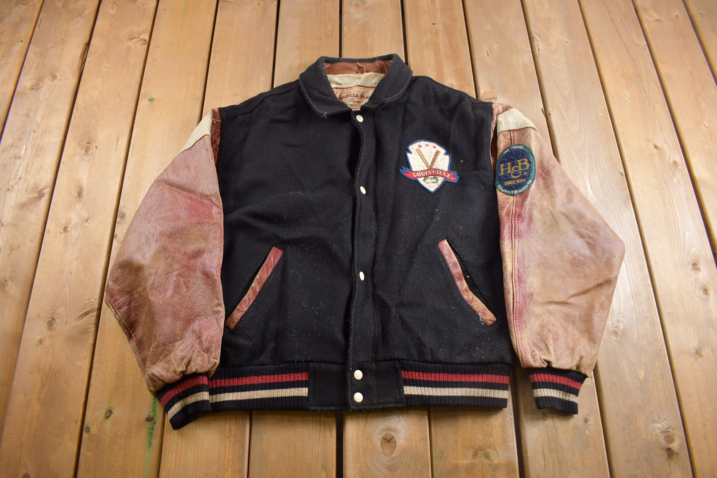 BombshellVintagePDX Vintage Varsity Baseball Jacket / 1990s Louisville Slugger Cooper Original Leather & Wool Bomber Jacket / Hillerich Bradsby Collectible