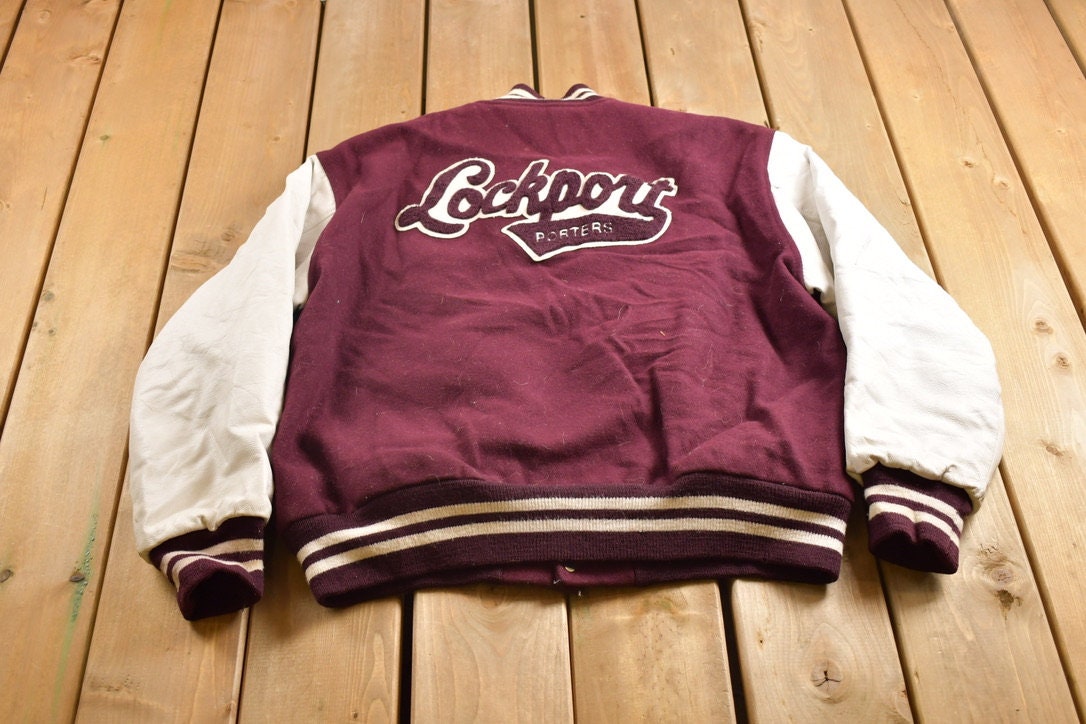 Vintage 1980s Lockport Porters Illinois Wool Varsity Jacket / Eastern College / NCCAA / Wool Leather / Outerwear / Streetwear Fashion