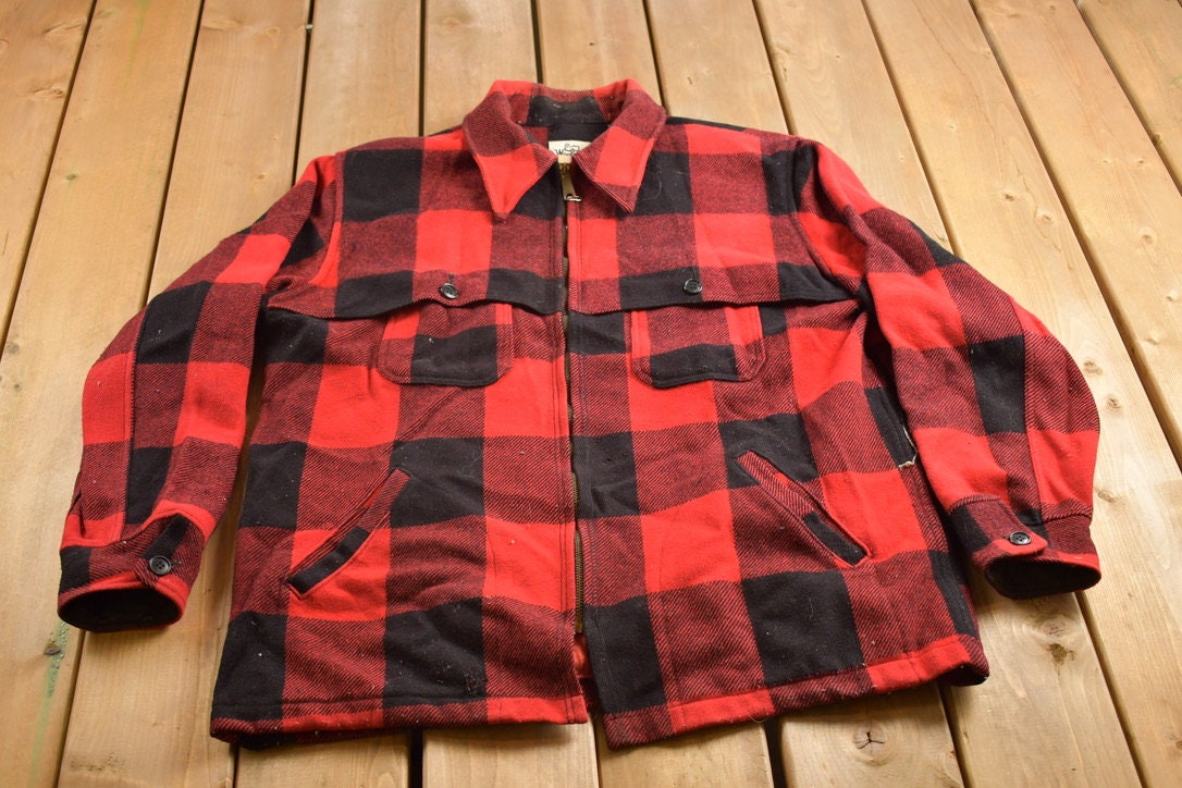 Vintage 1980s Woolrich Wool Plaid Zip Up Shacket
