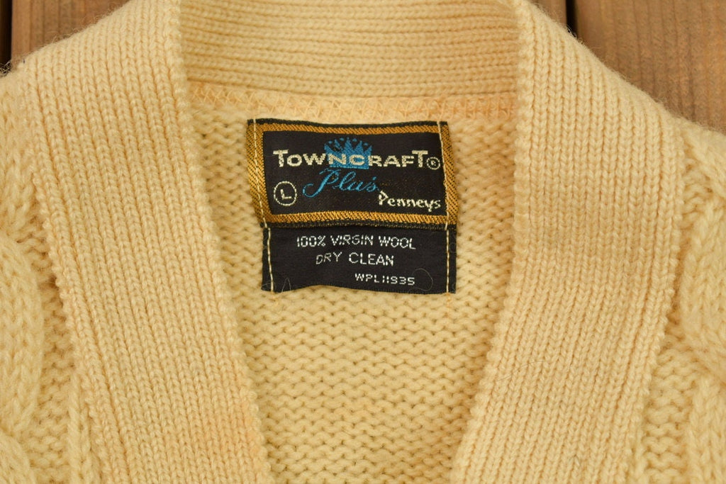 Vintage 1970s Cable Knit Cardigan Vest Sweater