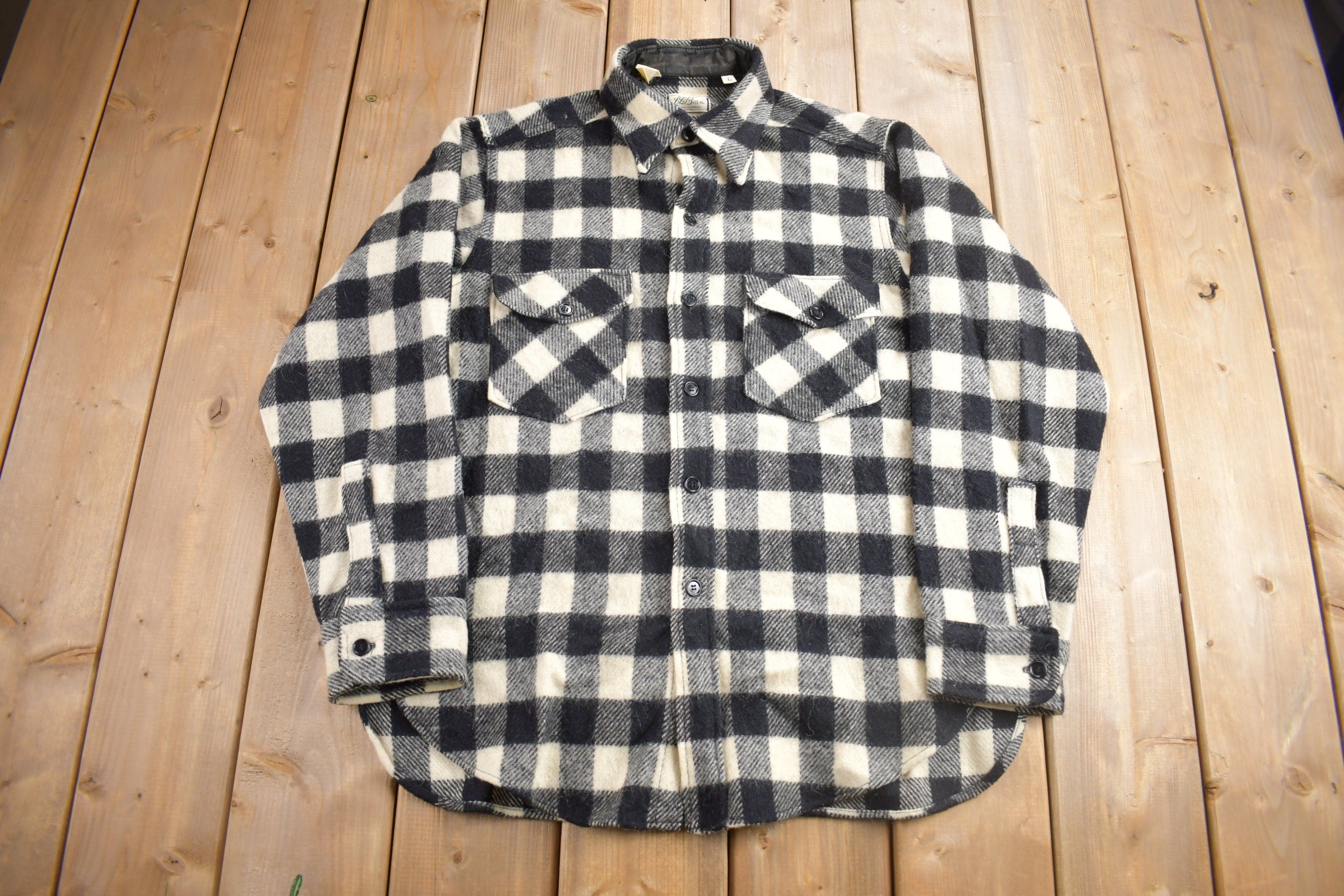 Vintage 1950s LL Bean Buffalo Plaid Wool Button Up Shirt
