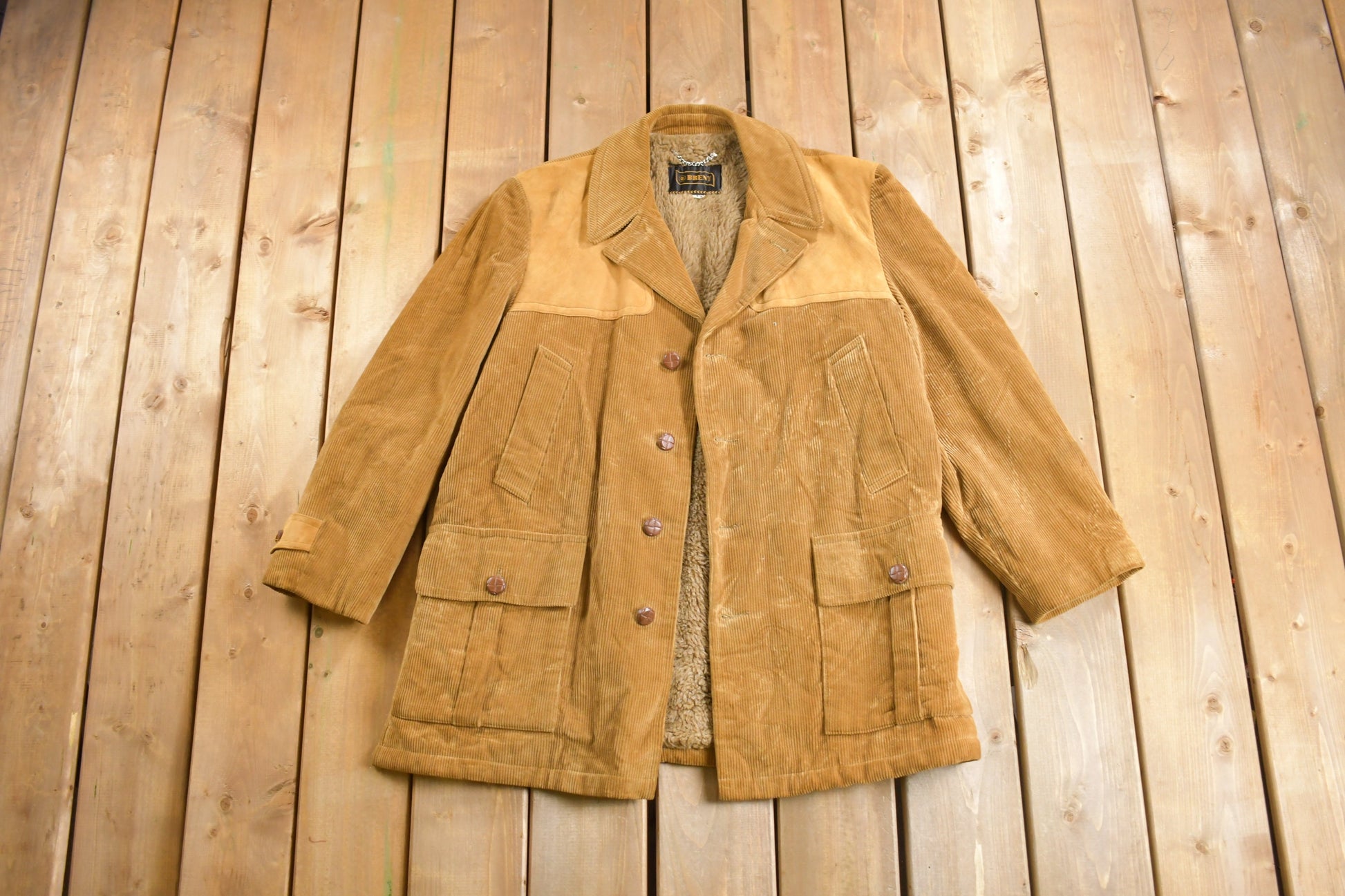Vintage 1970s Corduroy and Genuine Leather Overcoat