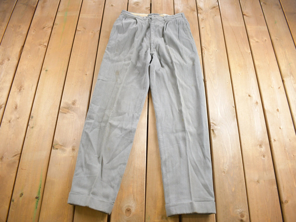 Vintage 1960s Frost Grey Pleated Corduroy Trousers Size 28 x 32