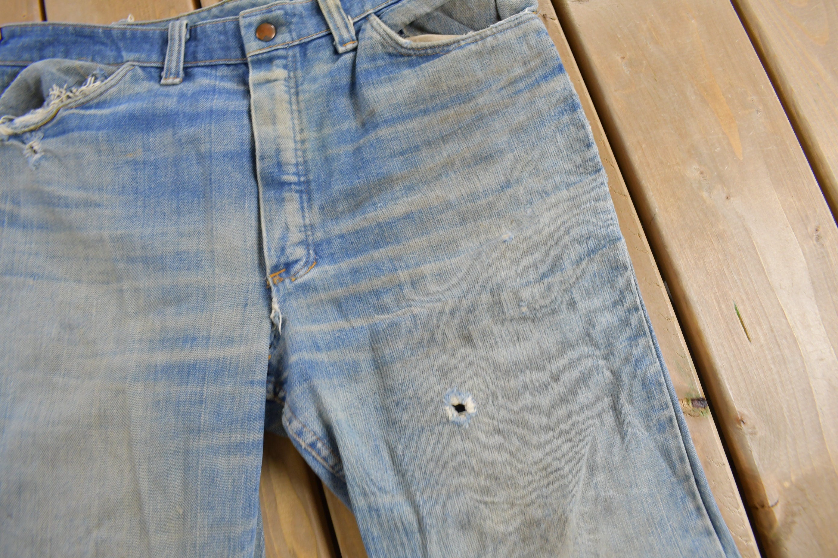 Vintage 1970s Distressed Flare Jeans Size 36 x 28