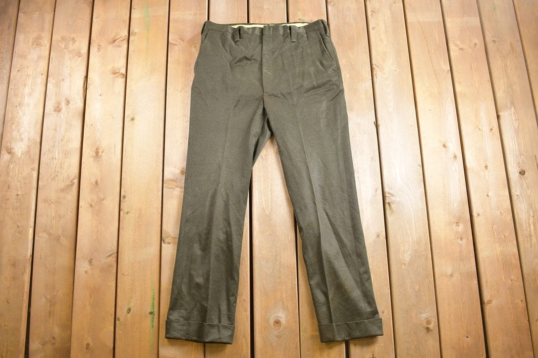 Vintage 1970s Higgins Slacks Green Pleated Trousers Size 34 x 30
