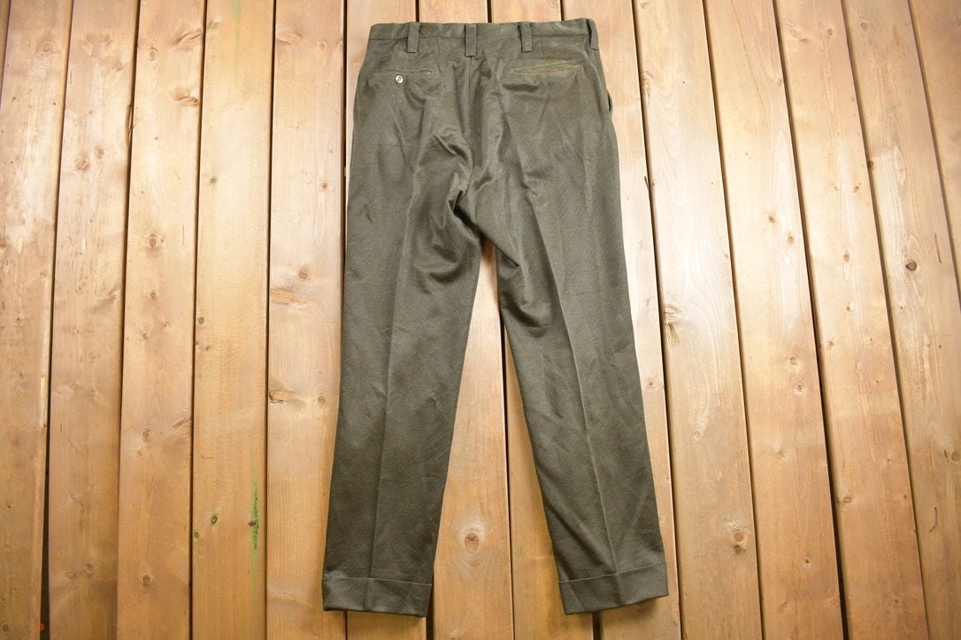 Vintage 1970s Higgins Slacks Green Pleated Trousers Size 34 x 30