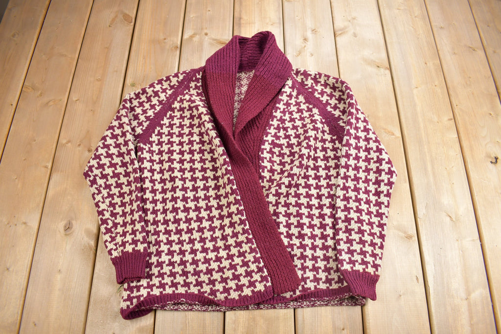 Vintage 1970s Houndstooth Shawl Collar Knit Cardigan Sweater