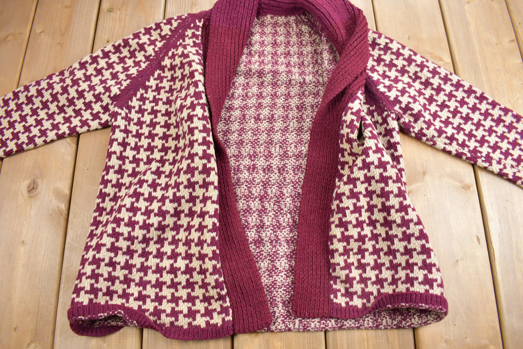 Vintage 1970s Houndstooth Shawl Collar Knit Cardigan Sweater