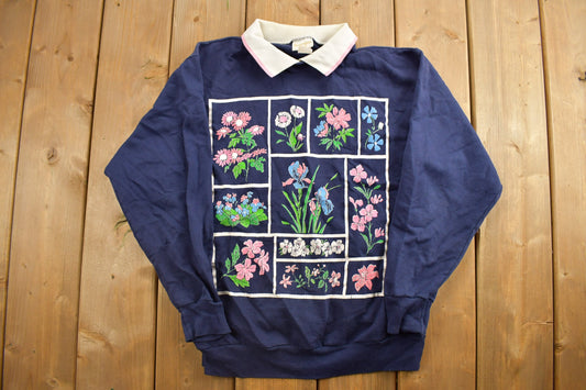 Vintage 1990s Huntington Ridge Floral Collard Crewneck Sweatshirt / 90s Crewneck / Floral Sweater / Streetwear / Collard Shirt