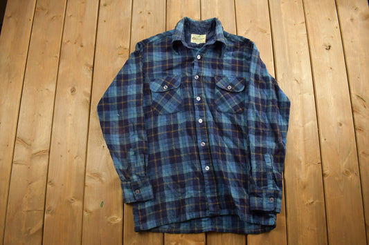 Vintage 1990s Wool Blue Plaid Flannel Button Up Shirt / 1990s Button Up / Vintage Flannel / Plaid Shirt / Button Down / Wool Shirt