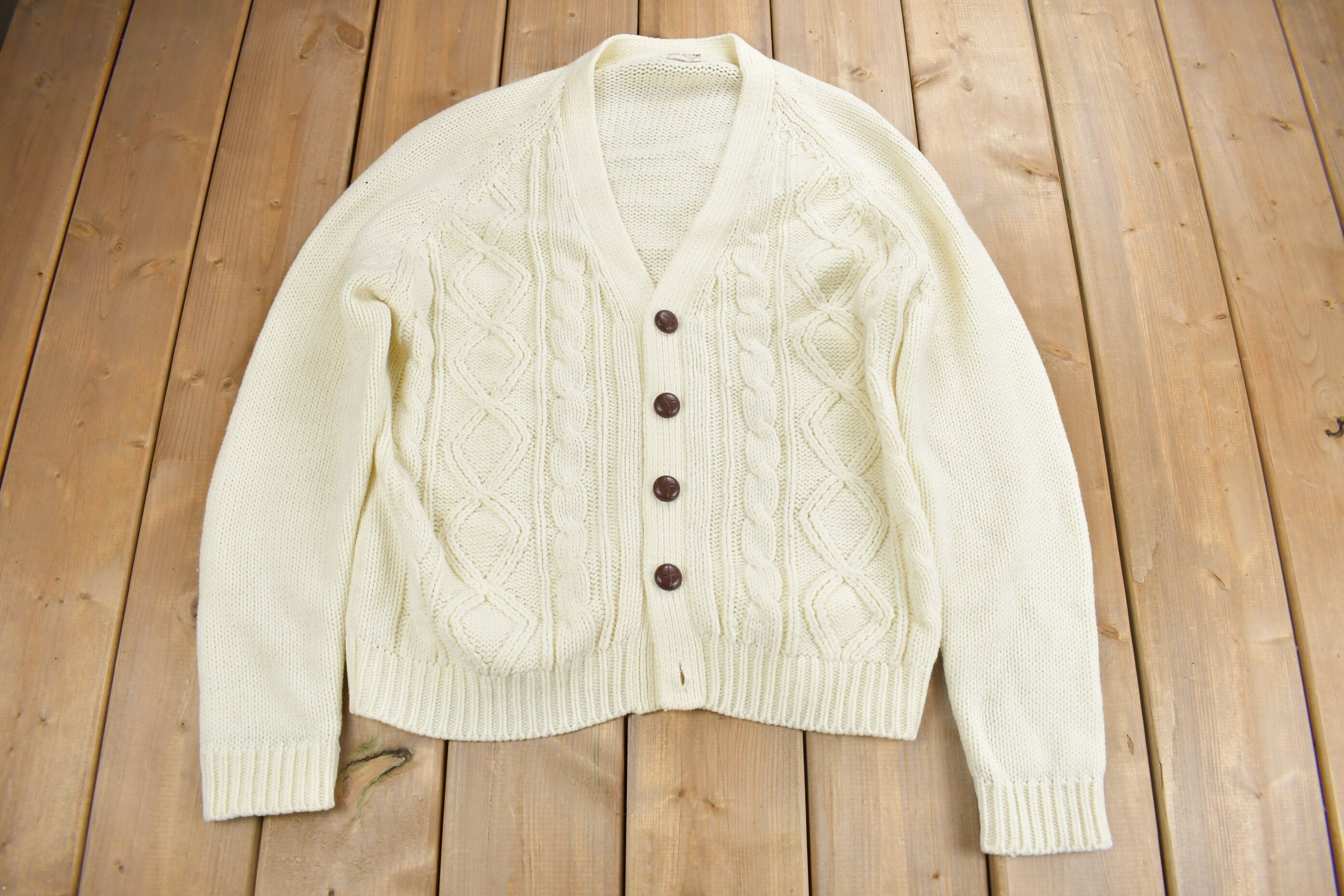 Vintage 1970s 3D Cable Knit Cardigan Sweater