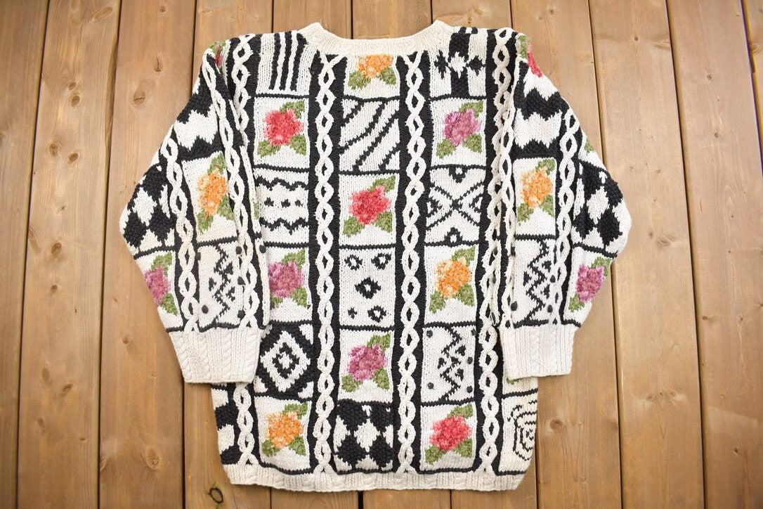 Vintage 1990s Jennifer Reed Knitted Crewneck Sweater / Flowers / 90s / All Over Pattern / Geometric Sweatshirt / Abstract / Hand Knit