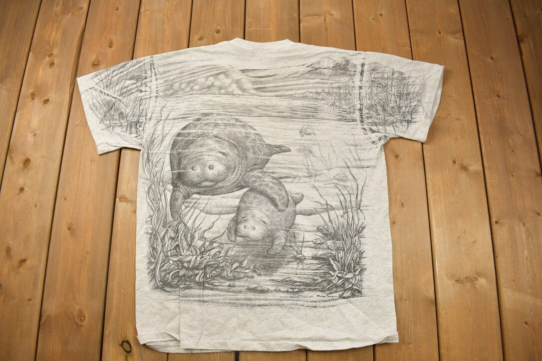 Vintage 1990s Swimming Manatees Graphic T Shirt / Vintage T Shirt / Streetwear / Graphic Tee / Single Stitch / Made In USA / Animal Tee